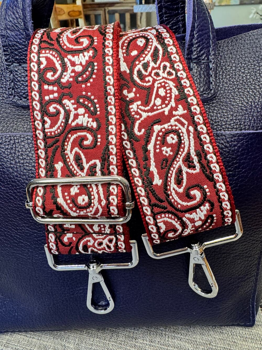 Paisley Dark Red Purse Strap Wide Woven Bag Strap Crossbody Purse Strap Silver